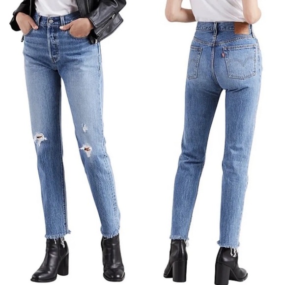 Levi’s Premium Button 501 High Waist Ripped Fray Hem Tapered Straight Leg Jeans